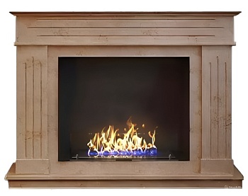 Биокамин в мраморном портале "Русский огонь" Варшава Crema Nova